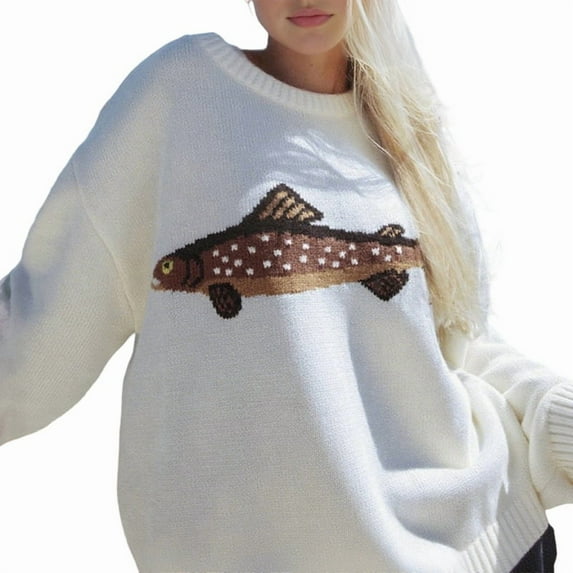 Women Contrast Fish Sweater Long Sleeve Crew Neck Ribbed Knit Pullover Sweaters Fall Casual Tops White L