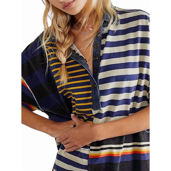 Women Contrast Striped Babydoll Y2k Summer Patchwork Mini T- Shirt Vintage V Neck Short Sleeve Dress Blue & Yellow S