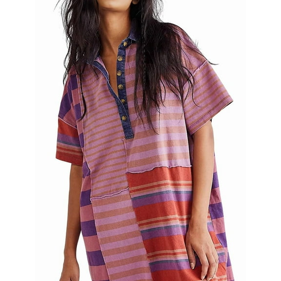 Women Contrast Striped Babydoll Y2k Summer Patchwork Mini T- Shirt Vintage V Neck Short Sleeve Dress Pink &  XL