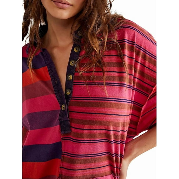 Women Contrast Striped Babydoll Y2k Summer Patchwork T- Shirt Dress Vintage V Neck Short Sleeve Dress Rose Red S