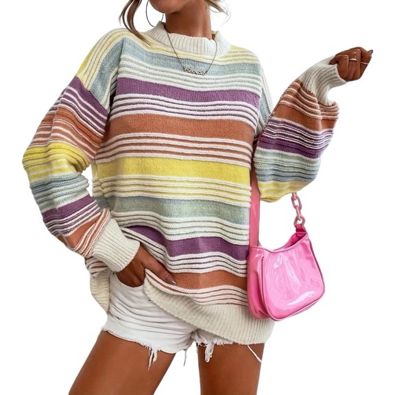 Women Contrast Striped Pullover Sweater 2025 Fall Outfits Oversized Knit Jumper Tops