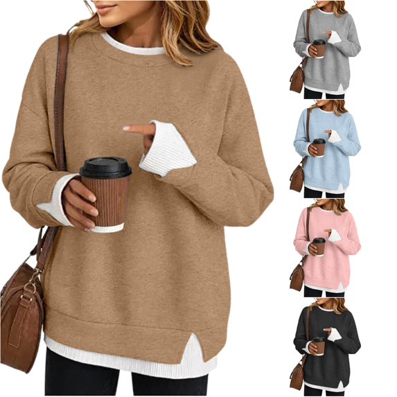 Women Contrast 2 in 1 Look Crewneck Sweatshirt Side Slit Casual Pullover Top