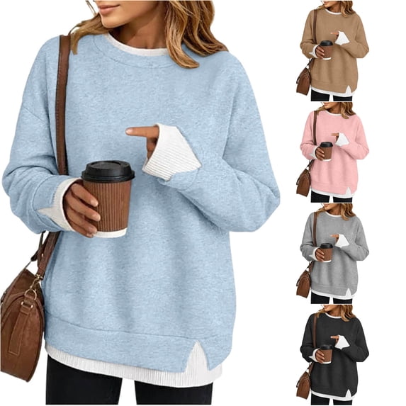 Women Contrast 2 in 1 Look Crewneck Sweatshirt Side Slit Casual Pullover Top