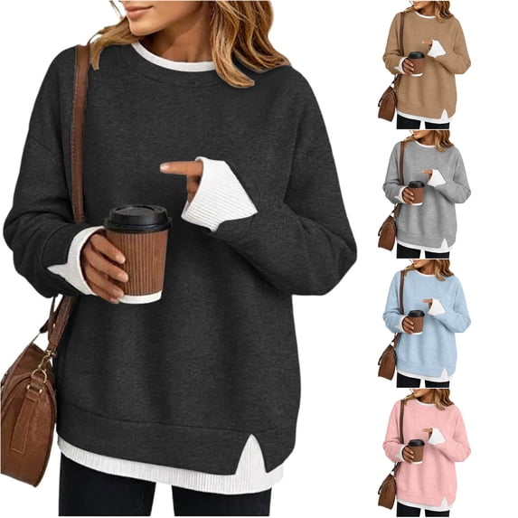 Women Contrast 2 in 1 Look Crewneck Sweatshirt Side Slit Casual Pullover Top