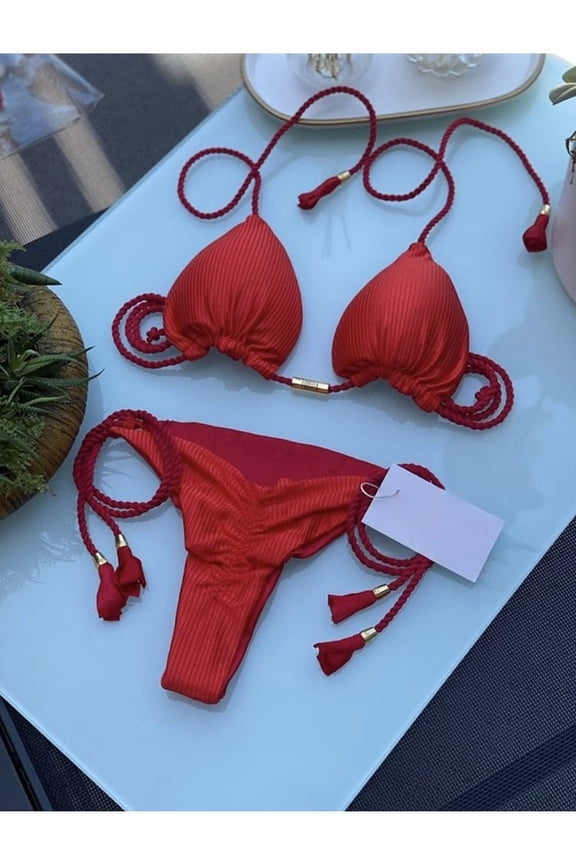 Women Contrast Trim Braided Tassel String Bikini Halter Triangle Padded Top Side Tie Two Piece Swimsuit Various Bright Color Options Quick Dry Stretch Bathing Suit Summer Beach Travel Pool Swimwear