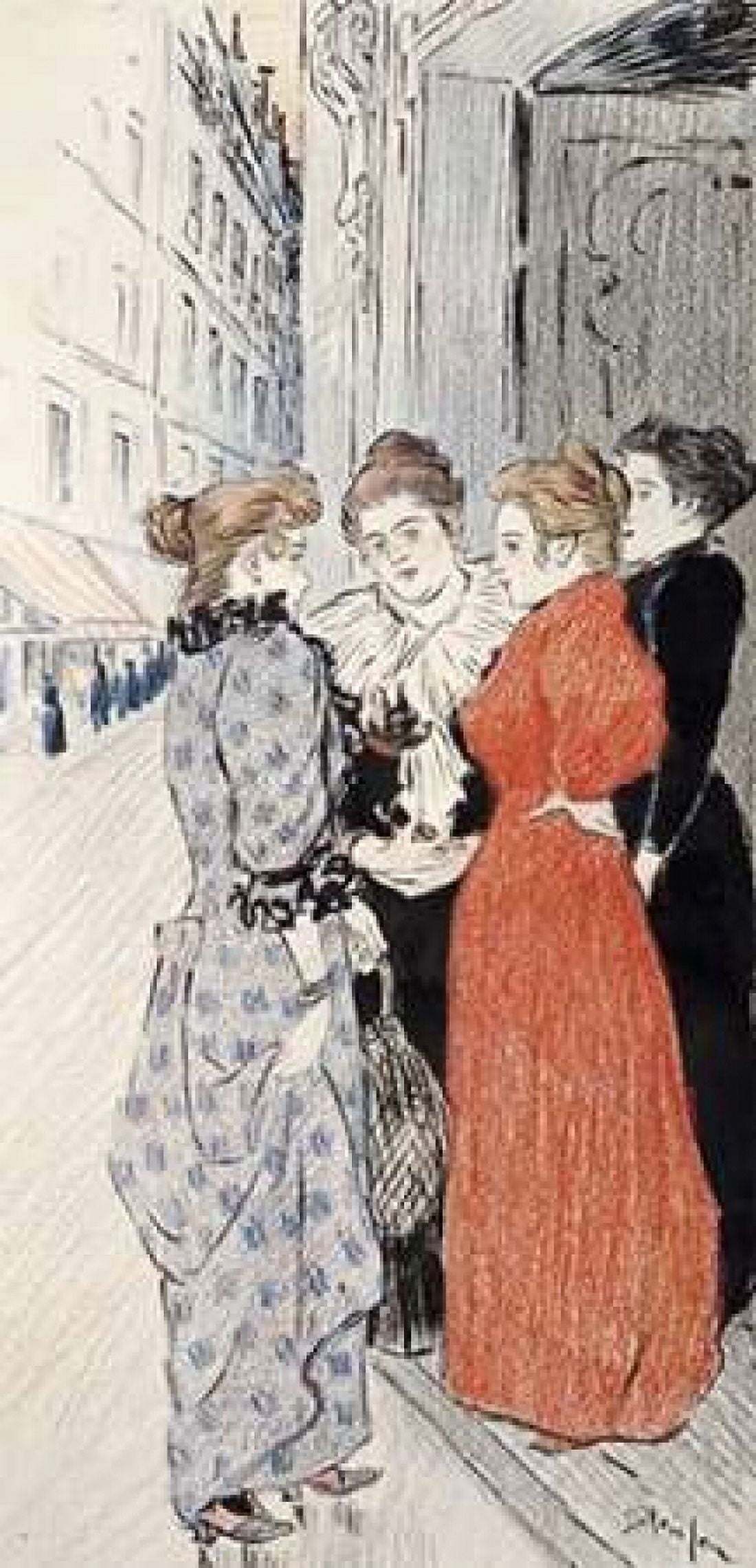 Women Conversing In The Street Canvas Art - Theophile Steinlen (10 x 20)