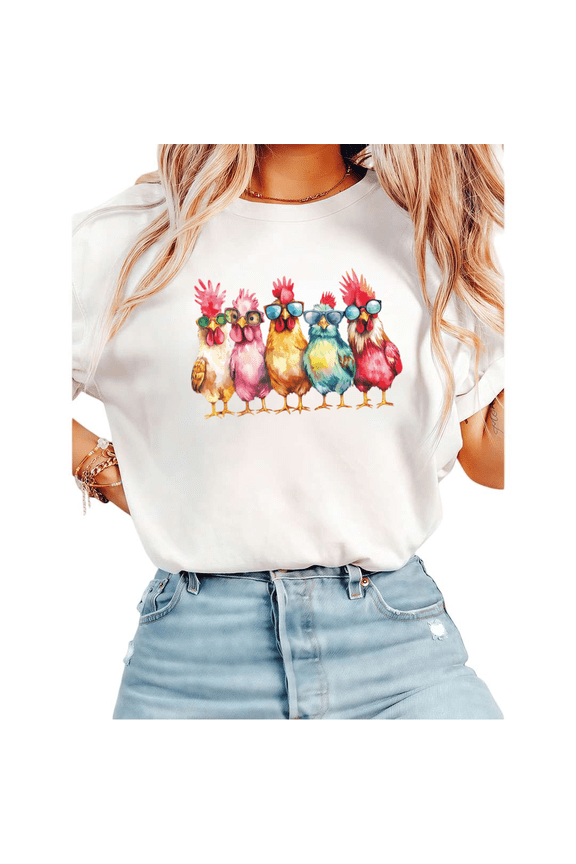 Women Cool Chickens With Sunglasses Colorful Graphic Tees T Shirt Tops Round Neck Cotton T Shirt White S-5XL