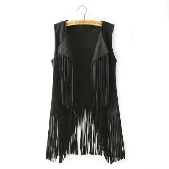 Women Cool Fringe Vest Faux Suede Tassels Cardigan Vintage 70s Hippie Clothes Open-Front Sleeveless Vest Top Female