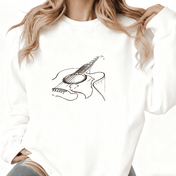 Women Cool Guitar Minimalist Graphic Suitable Tee T-Shirt Top Print Round-neck long-sleeved white S-3XL