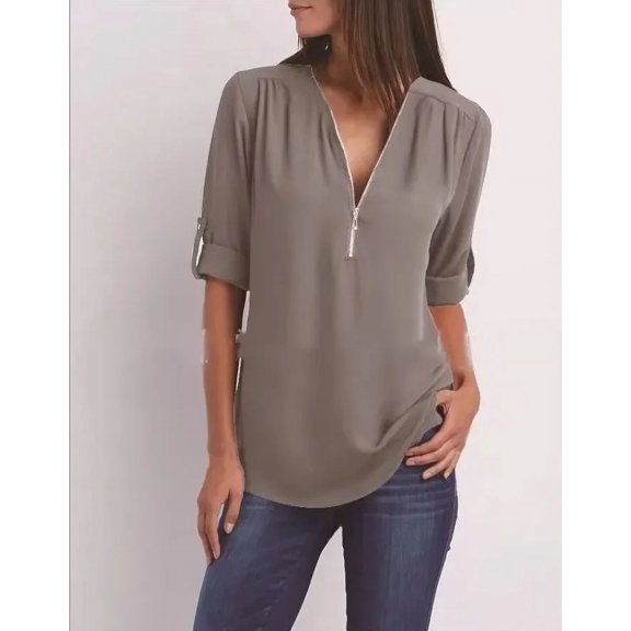 New Women Cool Loose Shirt Deep V Neck Chiffon Fashion Blouse Casual Ladies Tops Sexy Zipper Pullover