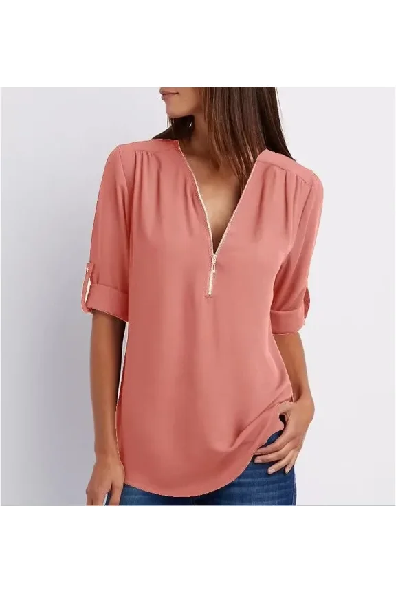 New Women Cool Loose Shirt Deep V Neck Chiffon Fashion Blouse Casual Ladies Tops Sexy Zipper Pullover