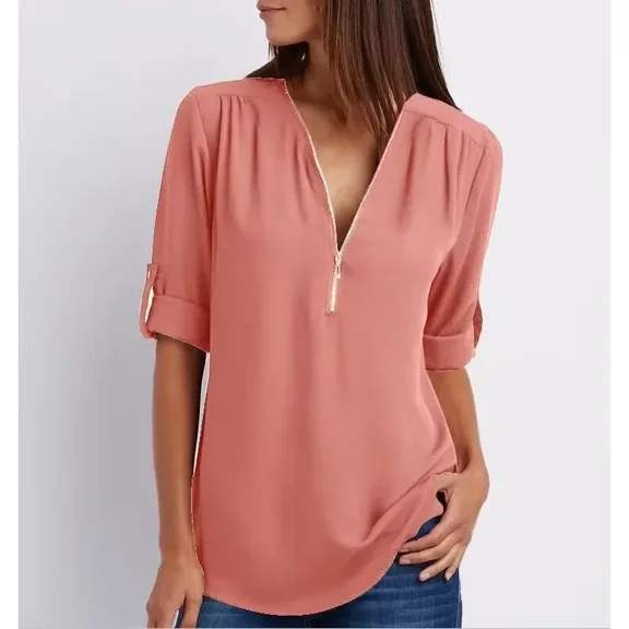 New Women Cool Loose Shirt Deep V Neck Chiffon Fashion Blouse Casual Ladies Tops Sexy Zipper Pullover