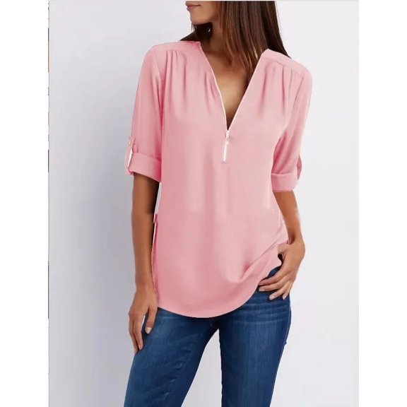 New Women Cool Loose Shirt Deep V Neck Chiffon Fashion Blouse Casual Ladies Tops Sexy Zipper Pullover