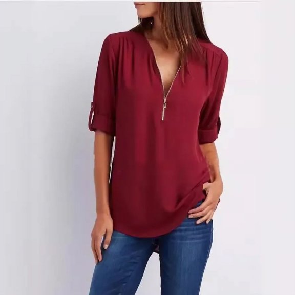New Women Cool Loose Shirt Deep V Neck Chiffon Fashion Blouse Casual Ladies Tops Sexy Zipper Pullover