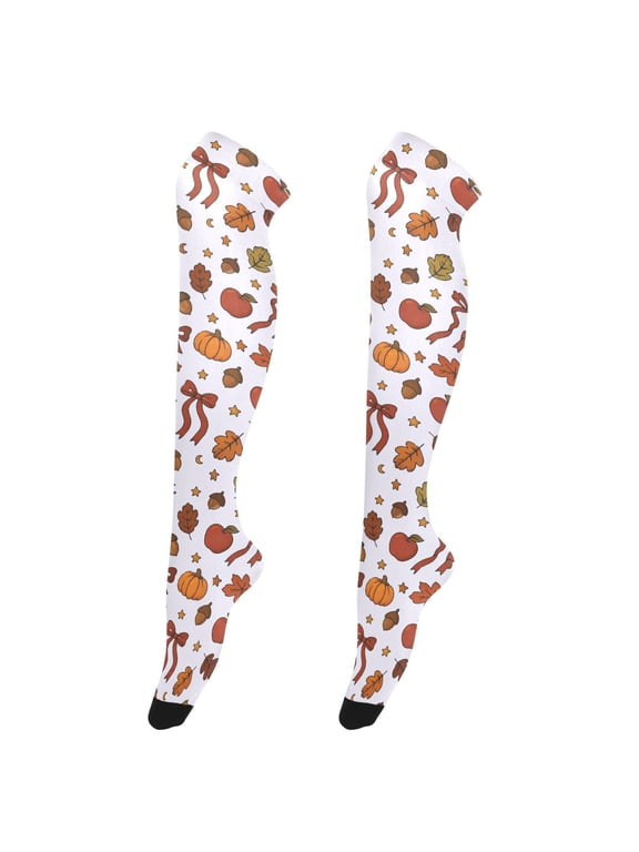 Women Coquette Fall Pumpkin Bow Pattern Over Knee Thigh High Socks