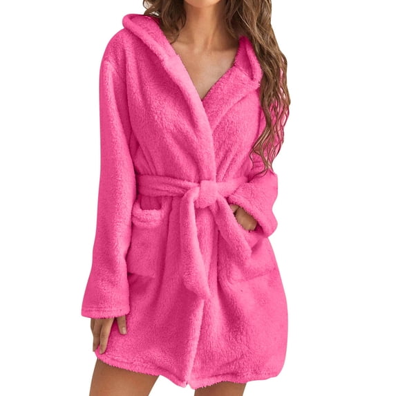 Women Coral Velvet Nightgown Women's Winter Nightgown Thick Plush Warm Hooded with Adjustable Lace Up Belt Solid Color for Great Water Absorption