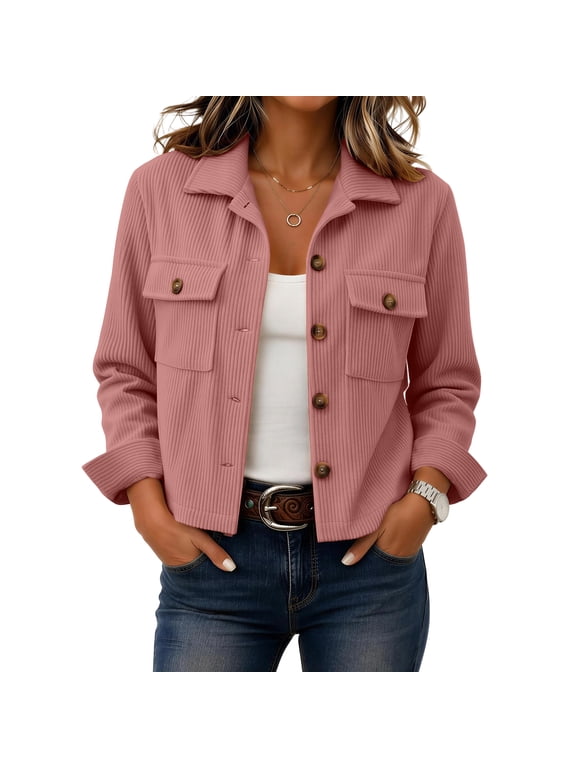 Women Corduroy Button Down Jacket Vintage Solid Color Lapel Collar Long Sleeve Cropped Shacket Jackets Loose Casual Outerwear with Flap Chest Pockets Pink XXL