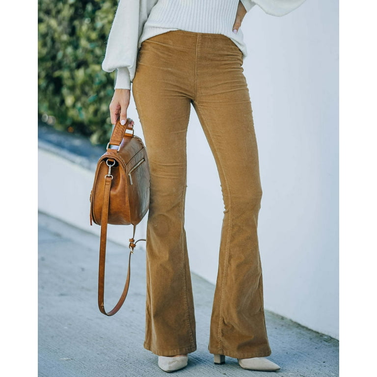 Women Corduroy Flare Pants Elastic Waist Bell Bottom Trousers with Pockets  