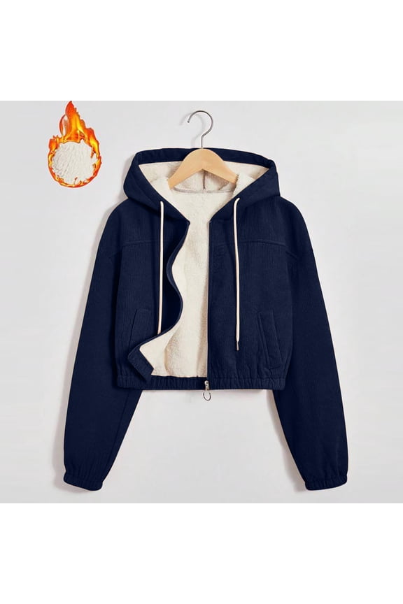 Women Corduroy Jacket Cropped Fleece Lined Winter Warm Long Sleeve Hooded Coats Full Zip Outerwear Jackets Navy XL , Fall Winter Outerwear Jackets
