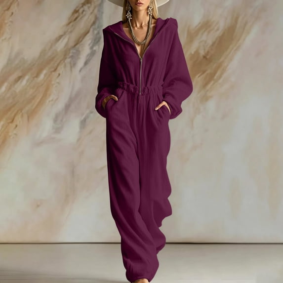 Women Corduroy Jumpsuit Hooded Zip up Elastic Waist Wide Leg Loose Oversized Soft Casual Overalls with Side Pockets XXL