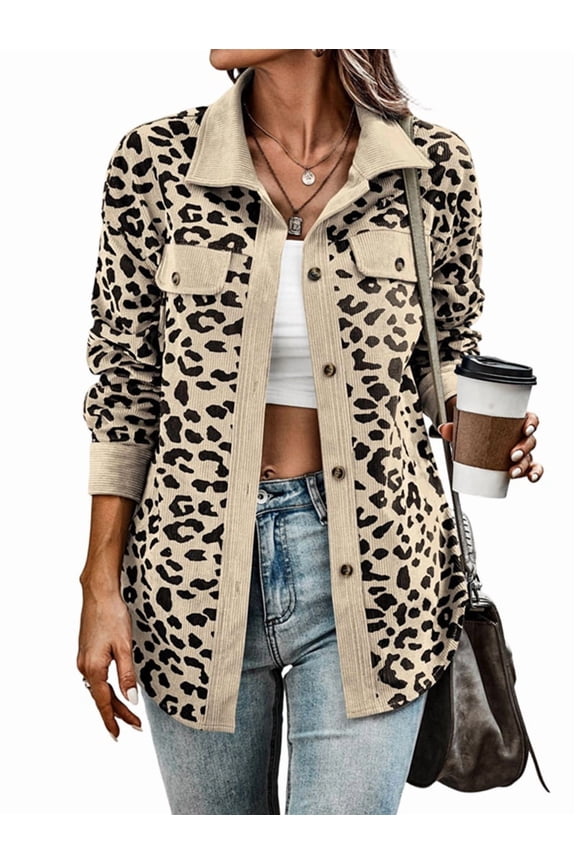 Women' Corduroy Leopard Jacket Button Down Long Sleeve Blouses Fall Jacket Casual Coat Apricot Color M