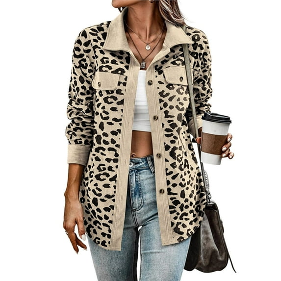 Women' Corduroy Leopard Jacket Button Down Long Sleeve Blouses Fall Jacket Casual Coat Color M