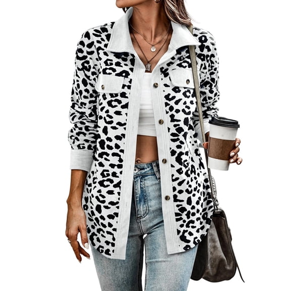 Women' Corduroy Leopard Jacket Button Down Long Sleeve Blouses Fall Jacket Casual Coat White XXXL