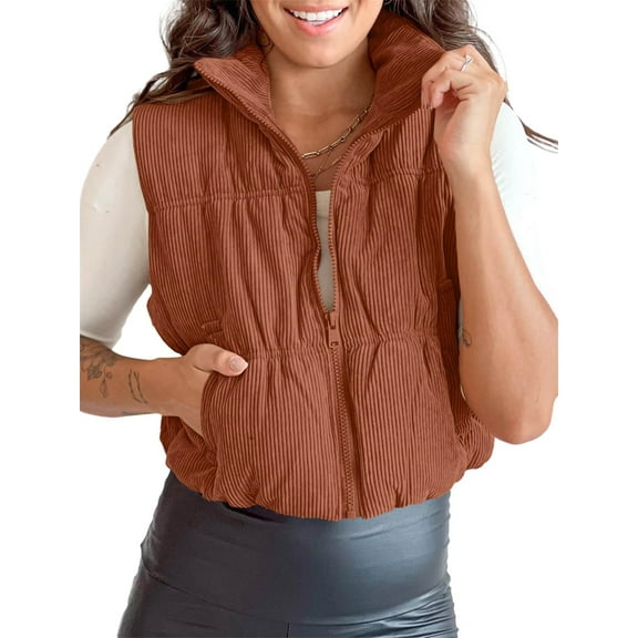 Women Corduroy Lightweight Sleeveless Padded Coat Zip Up Cropped Puffer Vest