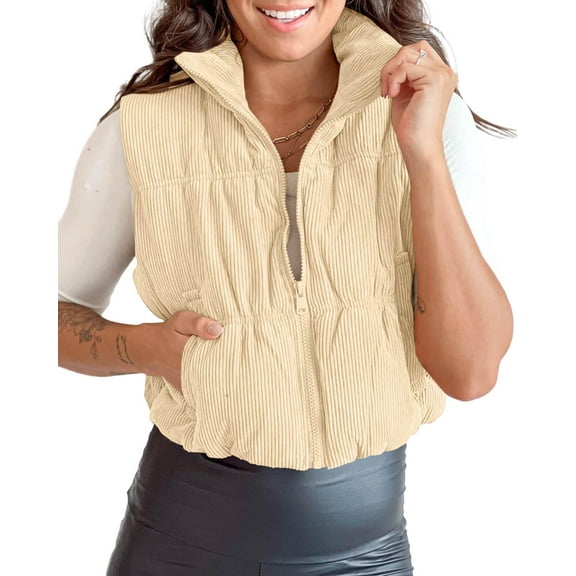 Women Corduroy Lightweight Sleeveless Padded Coat Zip Up Cropped Puffer Vest