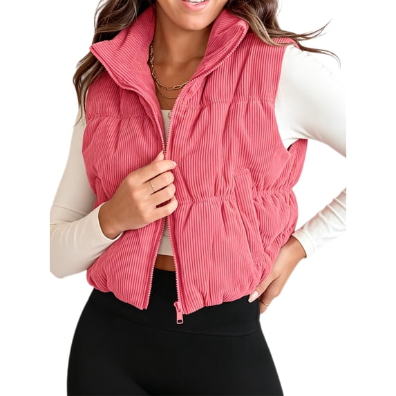 Women Corduroy Lightweight Sleeveless Padded Coat Zip Up Cropped Puffer Vest