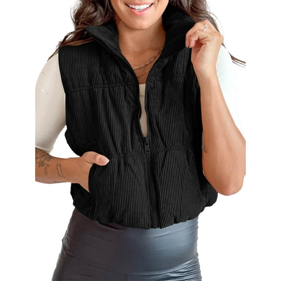 Women Corduroy Lightweight Sleeveless Padded Coat Zip Up Cropped Puffer Vest