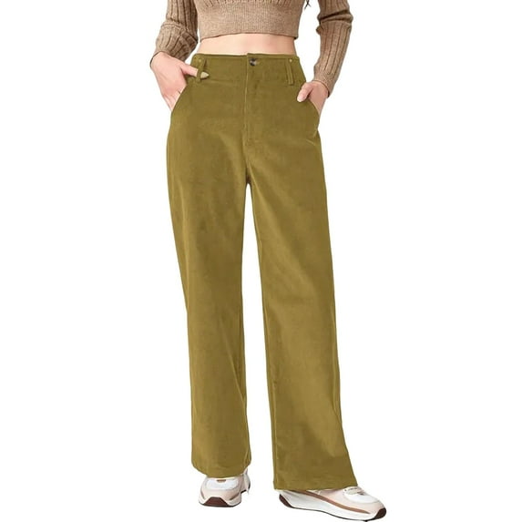 Women Corduroy Long Pants High Waist Button Zipper Fly Solid Color Straight Wide Leg Trousers with Pockets Daily Wear
