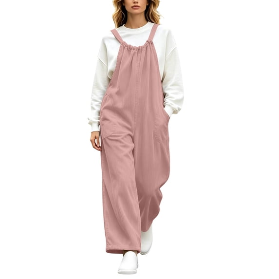 Women Corduroy Overalls Wide Leg Jumpsuit, Adjustable Straps Loose Casual Long Pants with Side Pockets Pink M(M)