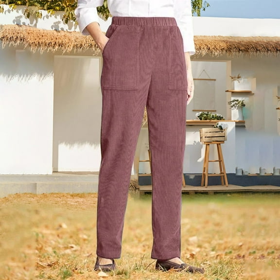 Women Corduroy Pants High Waist Elastic Straight Leg Pull On Trousers Casual Winter Corduroy Slacks with Pockets Red 2XL