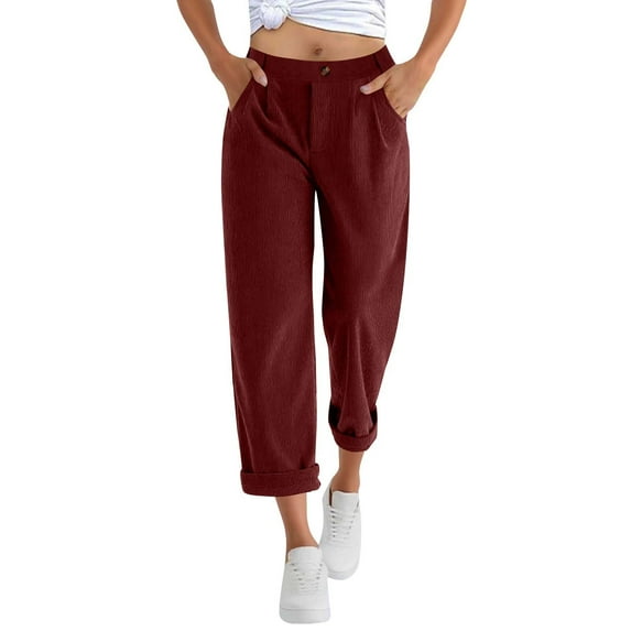 Women Corduroy Pants Women's Fashion Casual Solid Color Trousers High Waist Elastic Waist Button Sweatpants Lounge Straight Barrel with Side Pocket Size S-XXL