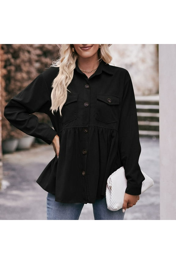 Women Corduroy Peplum Shacket Jacket Long Sleeve Button Down Babydoll Shirts Oversized Casual Collared Blouses Tops Black XL