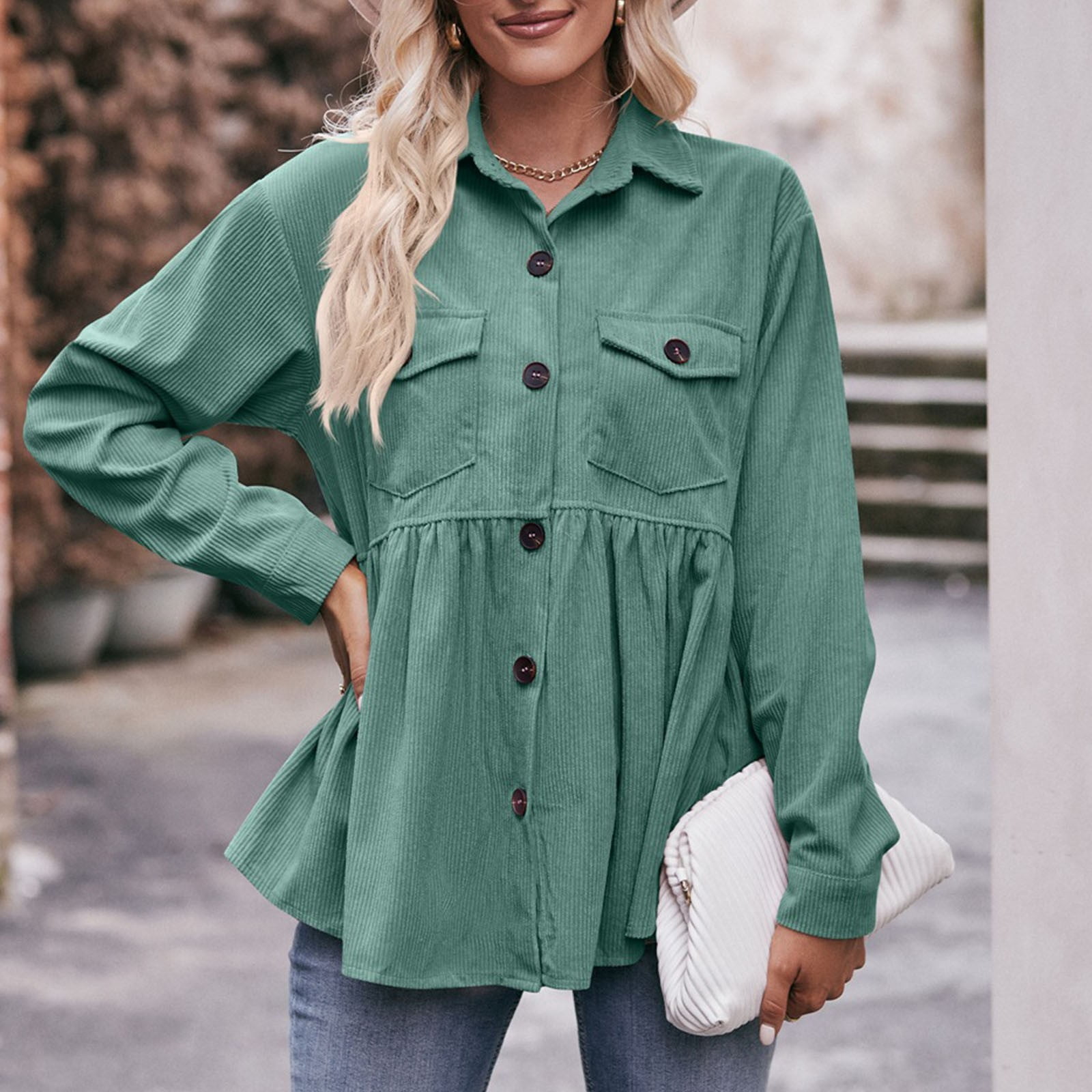 Women Corduroy Peplum Shacket Jacket Long Sleeve Button Down Babydoll Shirts Oversized Casual Collared Blouses Tops Green S