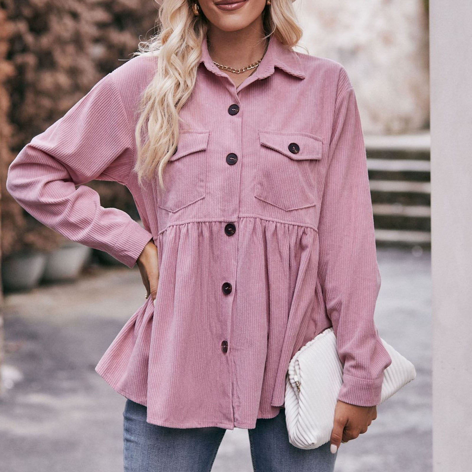 Women Corduroy Peplum Shacket Jacket Long Sleeve Button Down Babydoll Shirts Oversized Casual Collared Blouses Tops Pink S