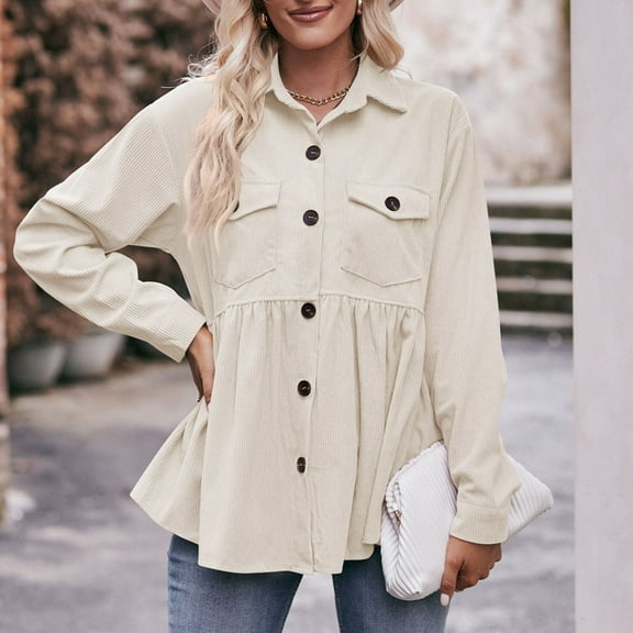 Women Corduroy Peplum Shacket Jacket Long Sleeve Button Down Babydoll Shirts Oversized Casual Collared Blouses Tops White XL