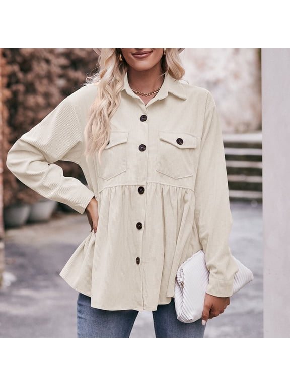 Women Corduroy Peplum Shacket Jacket Long Sleeve Button Down Babydoll Shirts Oversized Casual Collared Blouses Tops White XL