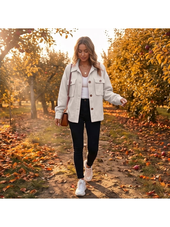 Women Corduroy Shacket Button Down Shirts Long Sleeves Jacket Coat Oversized Loose Fit Casual Collared with Pockets Lapel Neck Fall Clothes Lightweight Brown L
