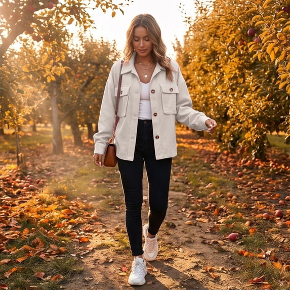 Women Corduroy Shacket Button Down Shirts Long Sleeves Jacket Coat Oversized Loose Fit Casual Collared with Pockets Lapel Neck Fall Clothes Lightweight Wine L