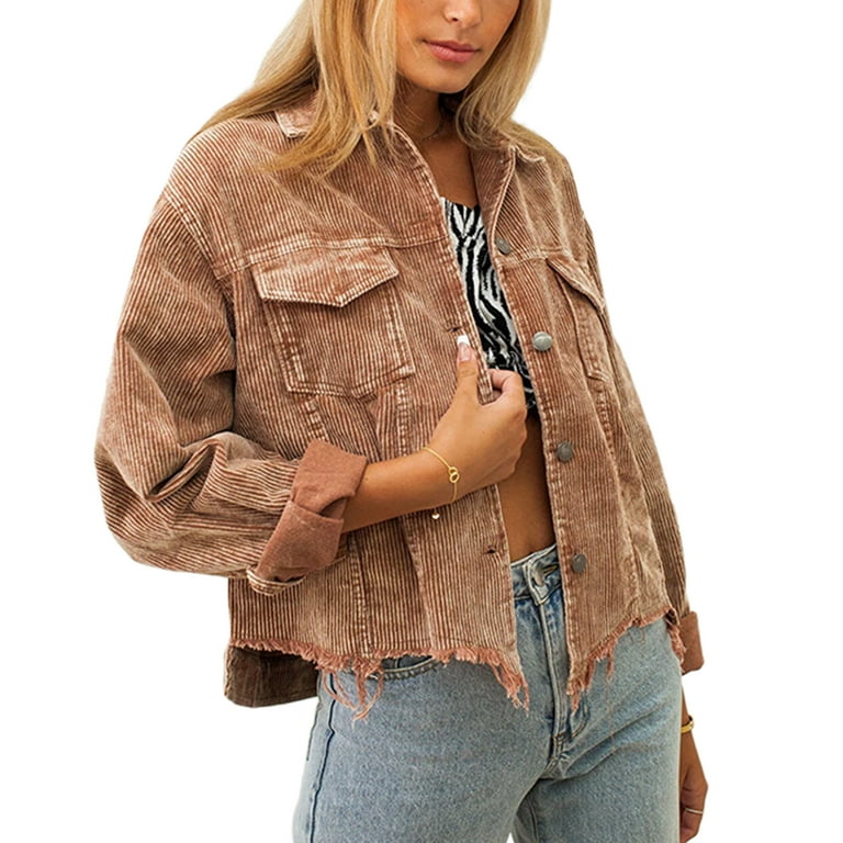 Women Corduroy Shirt Jacket Button Up Long Sleeve Solid Color