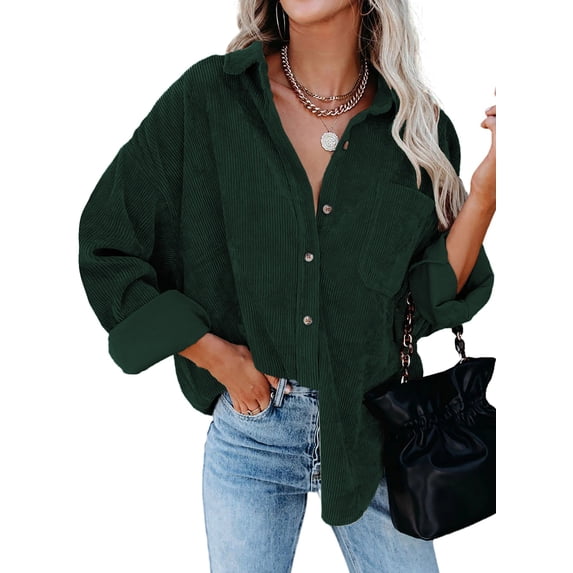 Women Corduroy Shirts Jacket Shacket Casual Button Down Long Sleeve Oversized Tops Plus Size