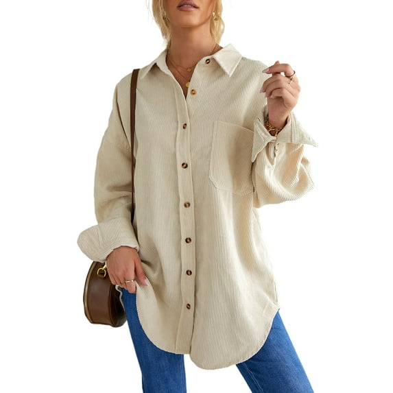 Women Corduroy Shirts Jacket Shacket Casual Button Down Long Sleeve Oversized Tops Plus Size