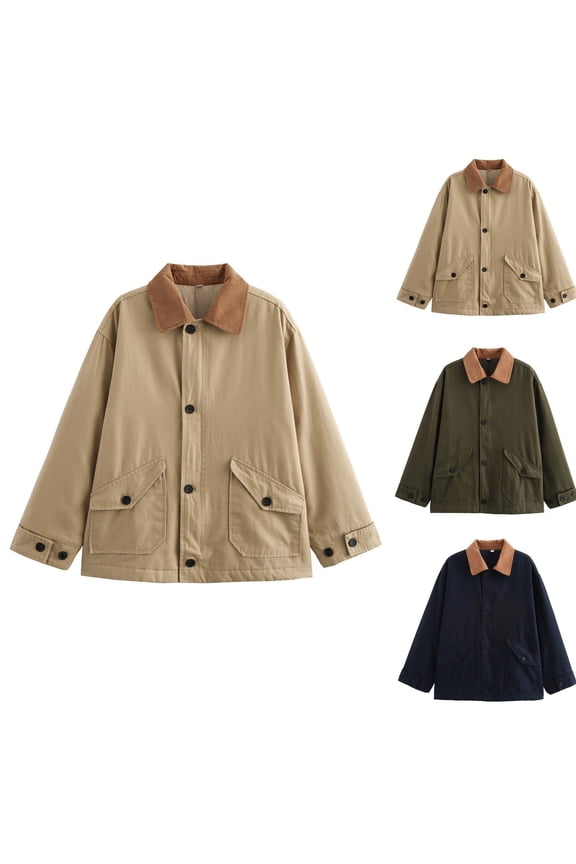 Women Corduroy Vintage Canvas Barn Jackets Contrast Collar Long Sleeve Button Down Padded Coats with Pocket Navy