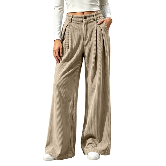 Women Corduroy Wide Leg Pants High Waist Button Zipper Pleated Trousers Loose Casual Palazzo Pants with Pockets
