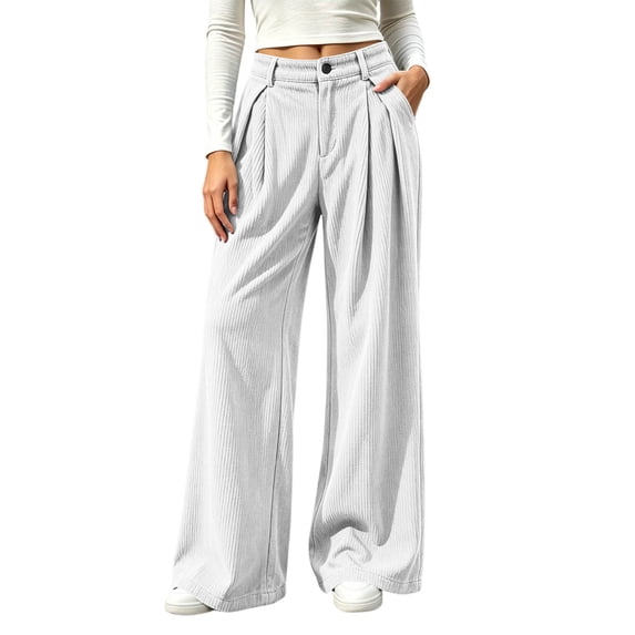 Women Corduroy Wide Leg Pants High Waist Button Zipper Pleated Trousers Loose Casual Palazzo Pants with Pockets