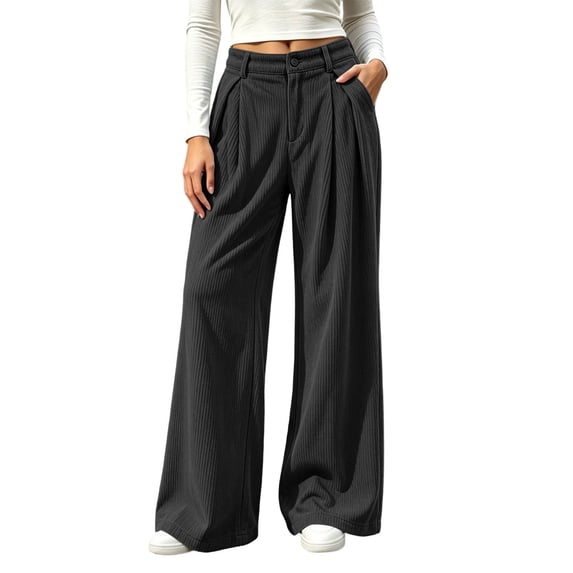 Women Corduroy Wide Leg Pants High Waist Button Zipper Pleated Trousers Loose Casual Palazzo Pants with Pockets