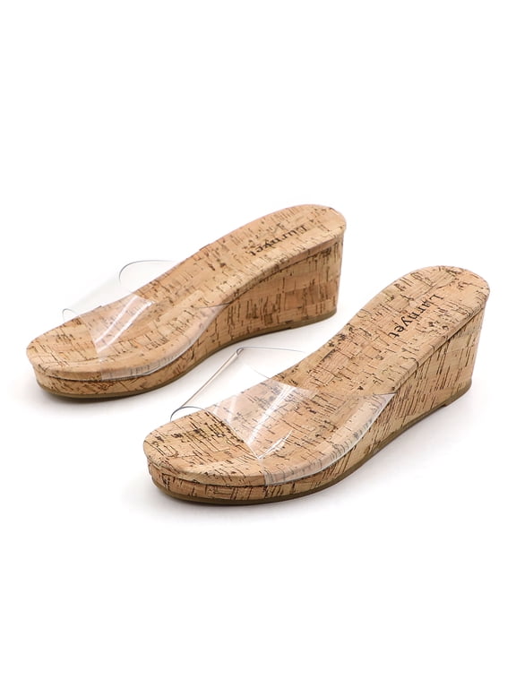 Women Cork Wedge Slide Sandals, Open Toe Slip On Summer Beach Platform Wedge Heels Clear Transparent Strap Casual Dressy Walking Shoes Runs Large, Size Down Recommended